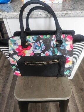Apt 9 Black Floral Tote Bag with Striped Sides - Versatile Women's Handbag